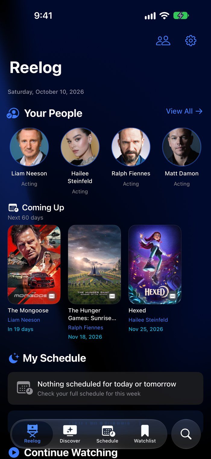 The Reelog home screen, with the people you follow and what's coming up