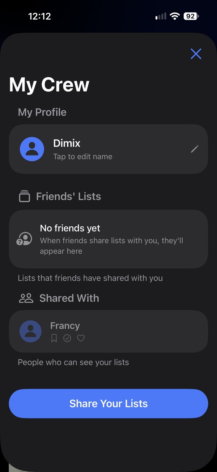 My Crew, with your profile and the friends who can see your lists