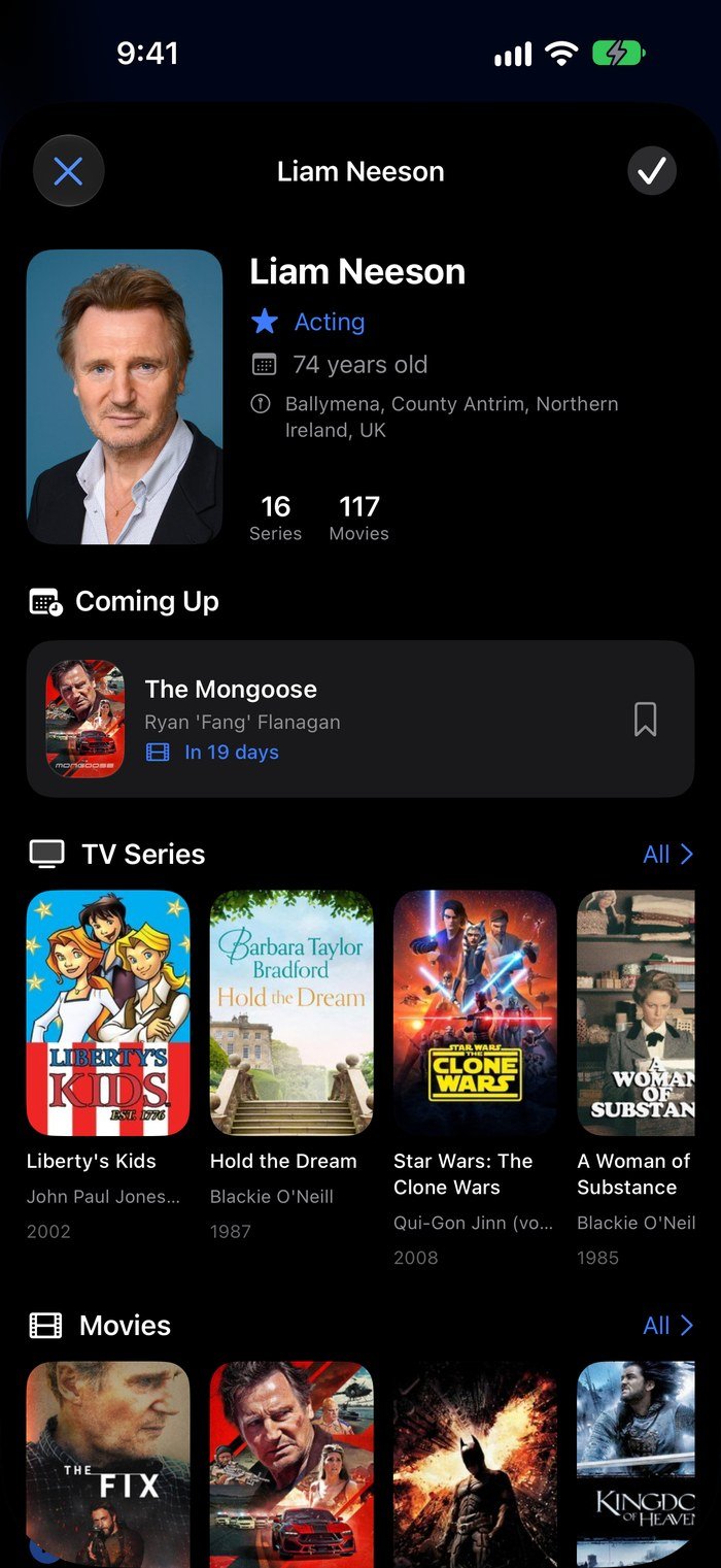 An actor's page in Reelog, with what's coming up next
